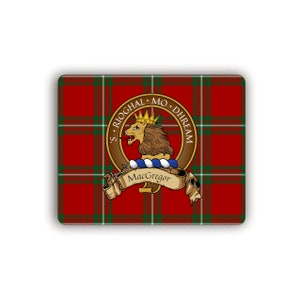 May include: A red, green, and brown tartan pattern with a crest featuring a lion, a crown, and the text "S. RIOGHAL MO DHREAM MacGregor".