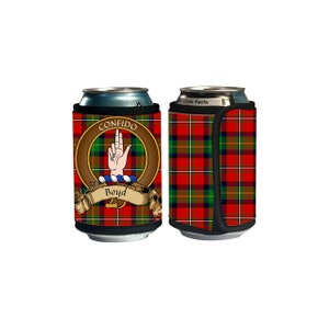 May include: A red, green and black tartan can cooler with a black strap. The cooler features a crest with the text "Confido" and "Boyd" in gold lettering.