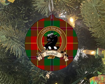 Turnbull Family Christmas Ornament - Scottish Clan Crest with Tartan  - Hardboard Print - Single Sided