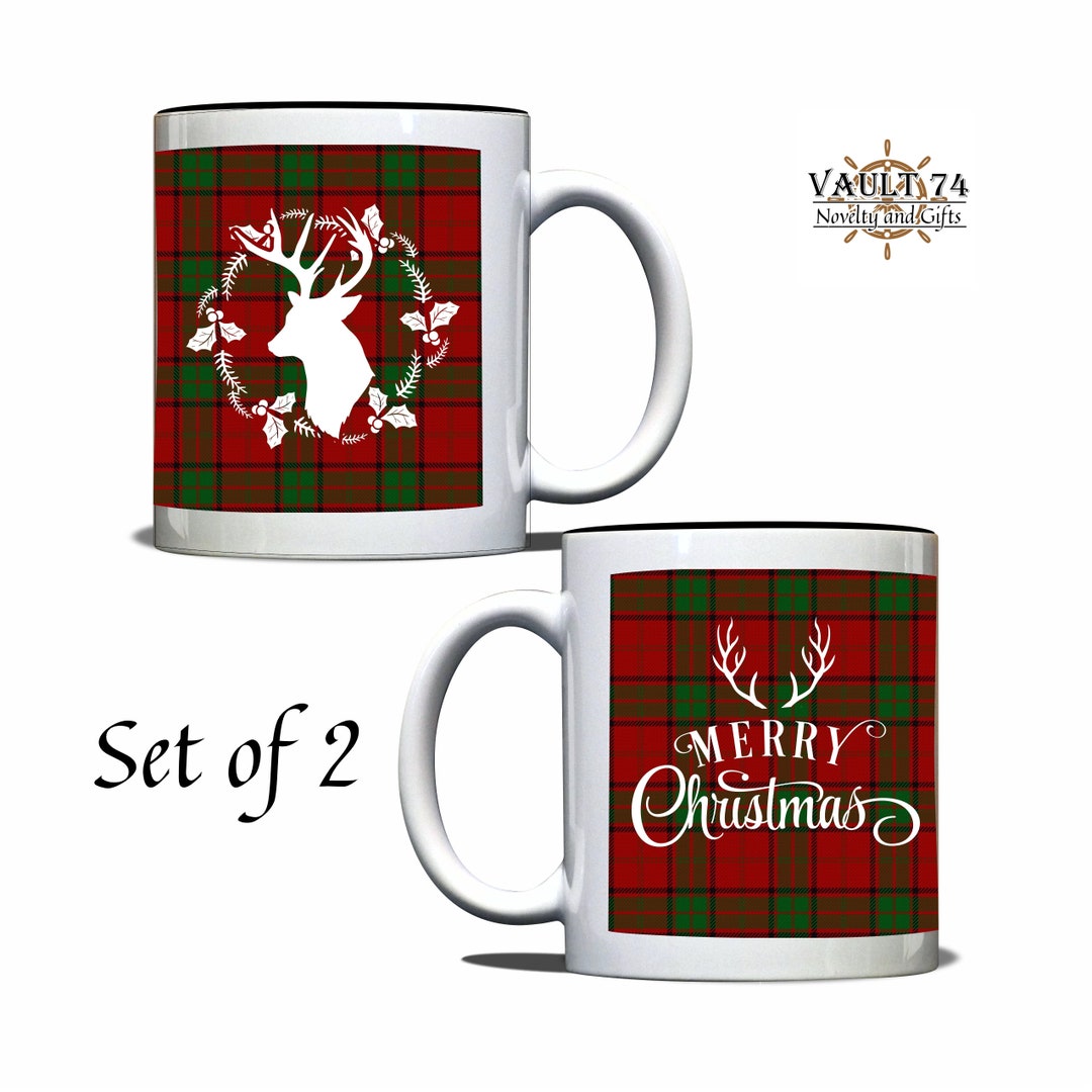 Christmas Mug Set Merry Christmas Deer With Wreath Plaid Etsy
