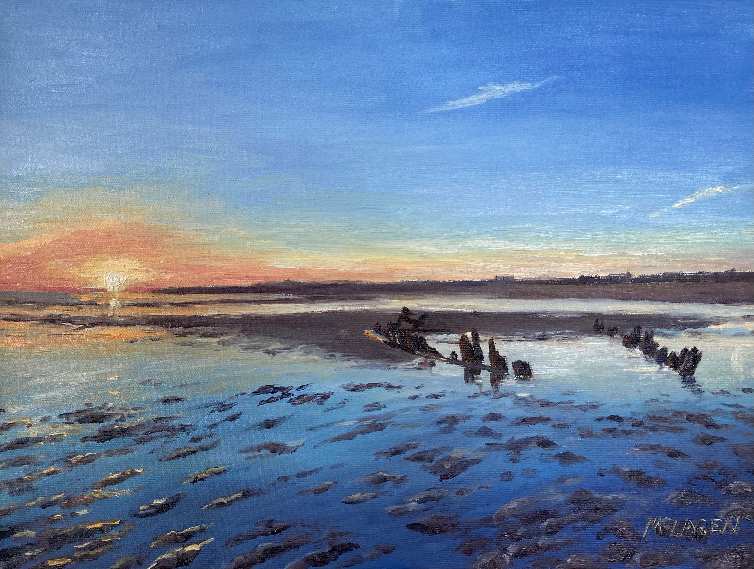 夜明けの難破船、サンドヘイブンビーチ、オリジナル油絵（16x12インチ