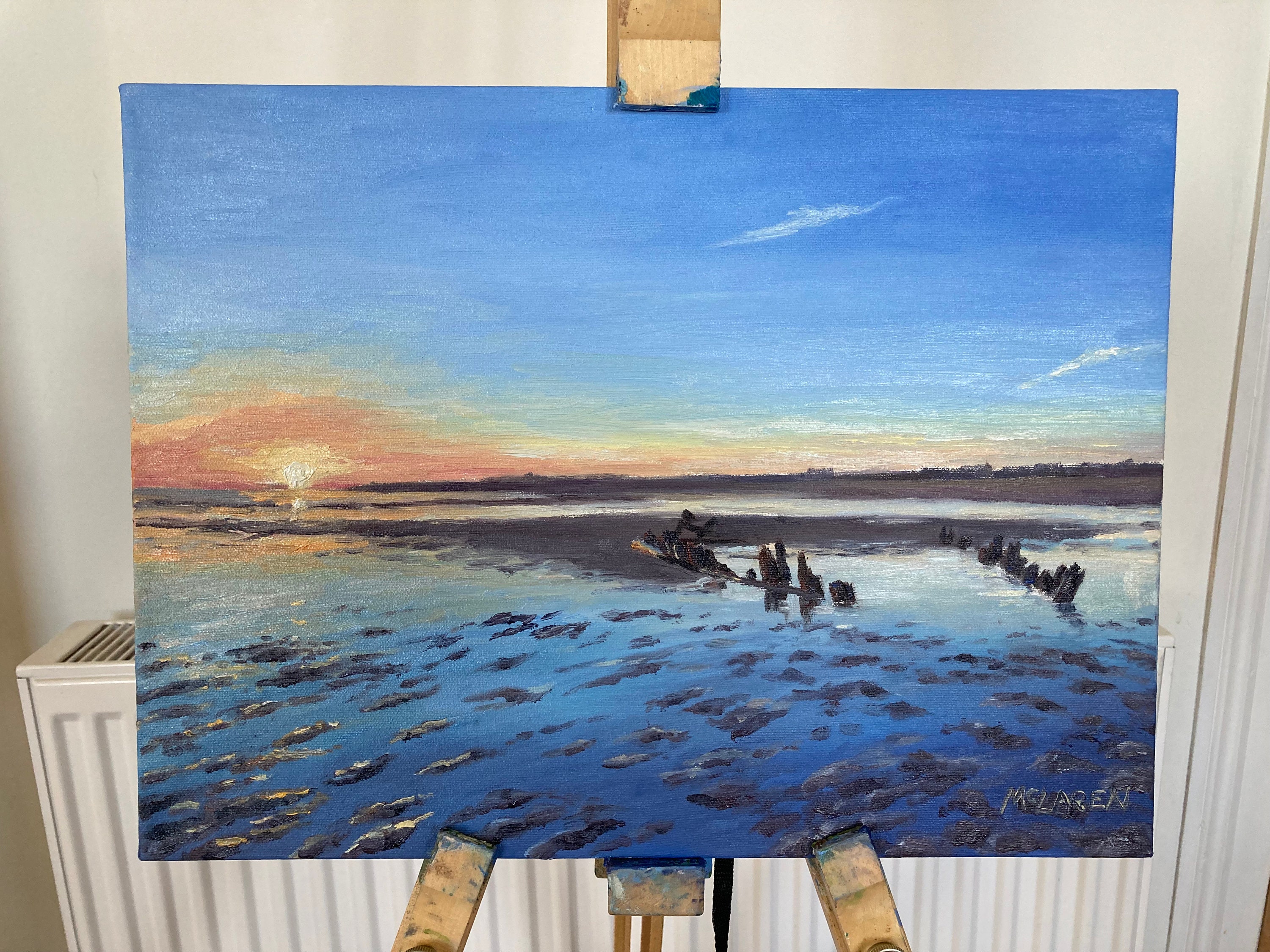 夜明けの難破船、サンドヘイブンビーチ、オリジナル油絵（16x12インチ