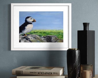 Puffin on Lookout Art Print | British Coastal Wildlife Oil Painting Reproduction (Limited Edition)