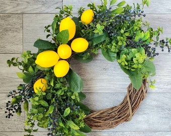 Lemon Drop, summer lemon wreath, modern farmhouse wreath, spring or summer wreath, front door wreath, blueberry wreath, handmade wreath deco