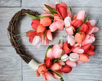 Tulip heart wreath, tulip wreath, heart wreath, spring wreath, valentines door decor, love heart wreath, front door decor,mothers day wreath