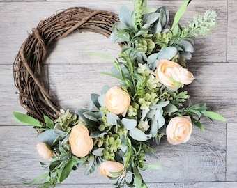 Ranunculus, spring front door wreath, ranunculus wreath, spring lambs ear wreath, farmhouse decor, double door wreath, summer door wreath