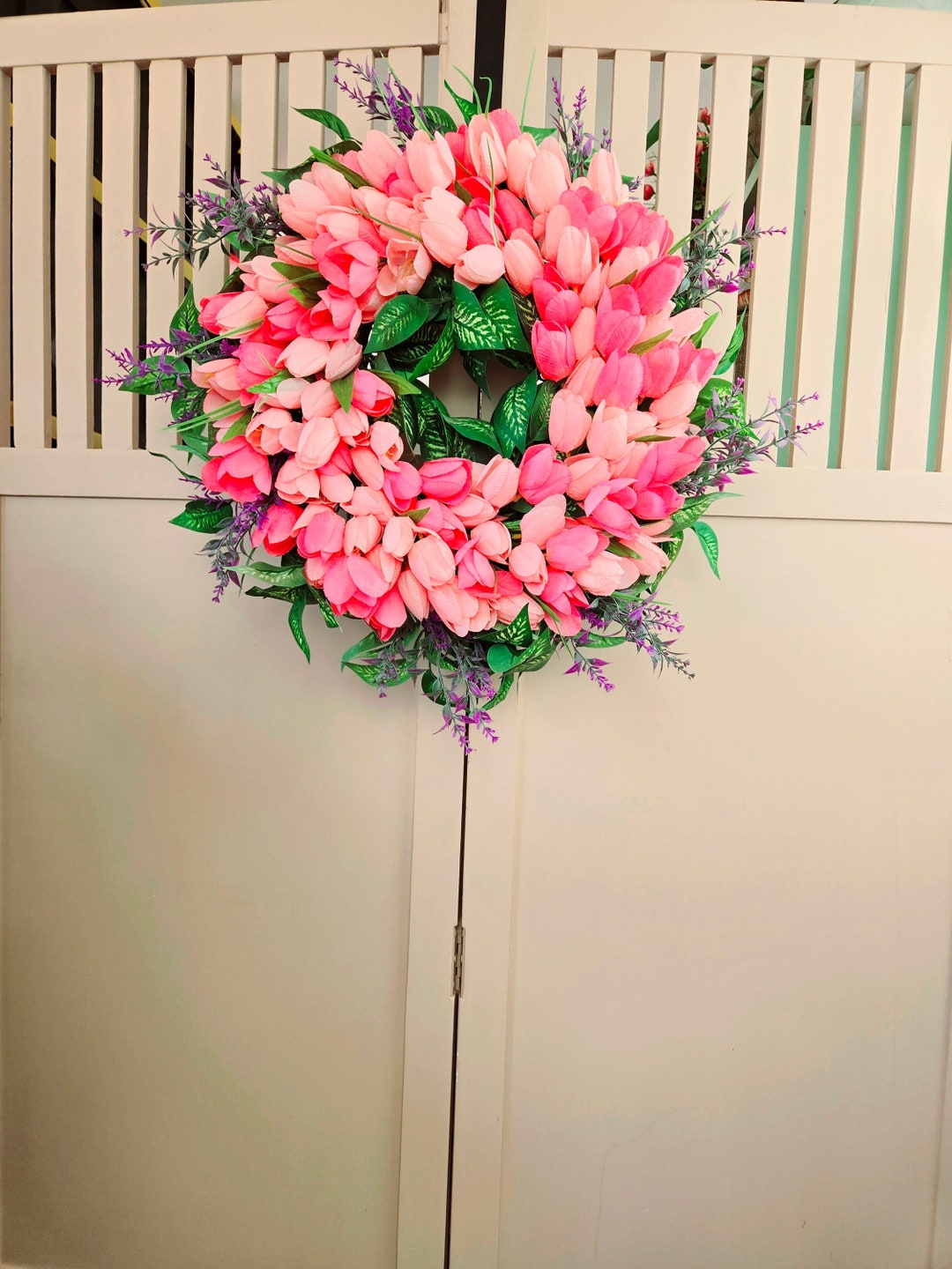 Pink Tulip Wreath: Farmhouse Spring Door Decor, 18 Inch - Etsy
