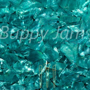 Peut inclure: Une mosaïque de carreaux en nacre de couleur vert turquoise irisé. Les carreaux sont faits de petits morceaux irréguliers de nacre qui créent un effet chatoyant.