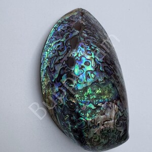 Könnte beinhalten: Eine große, irisierende Abalone-Schale mit einem grün-blau-violetten Farbmuster. Die Schale hat eine glatte, abgerundete Form und ein Loch oben.