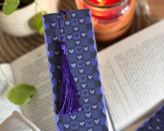 Purple Checkerboard Hearts Bookmark, Autumnal Goth Girl Handmade Book Accessories with Tassel