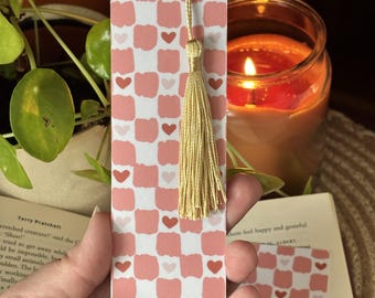 Pink Checkerboard & Hearts Bookmark with Tassel | Book Accessories | Handmade Reader Gift