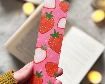 Pink Strawberry Bookmark: Handmade Laminated Cardstock with Tassel