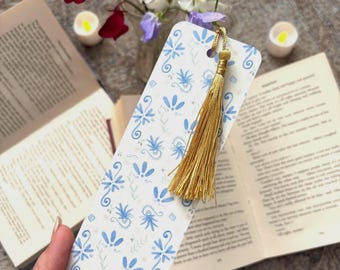 Blue Floral Summer Bookmark: Greek Style Tassel Bookmark, Cottagecore