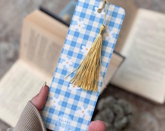 Cottage Core Bookmark: Blue Daisy Gingham Print with Silky Tassel