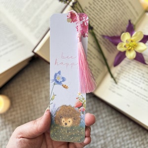 Bee Happy Handmade Bookmark, Floral Hedgehog Motivational Art, Ideal Gift for Booklovers
