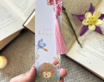 Bee Happy Handmade Bookmark, Floral Hedgehog Motivational Art, Ideal Gift for Booklovers