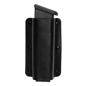 May include: Black leather magazine pouch with a black plastic magazine inside. The pouch has a flap that secures the magazine in place.