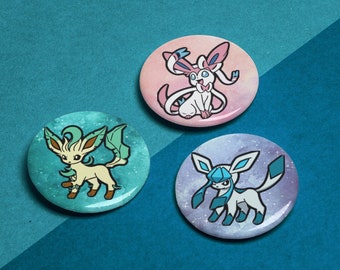 Sylveon, Glaceon and Leafeon Pin-Back Button Badge 45mm/1.77 inch - Single item or Set