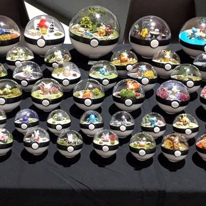 May include: A collection of 35 clear glass Poke Balls, each containing a miniature diorama with various Pokemon characters and greenery. The Poke Balls are arranged on a black surface.