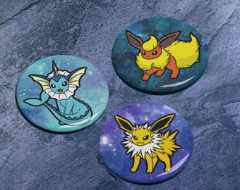 Vaporeon, Flareon and Jolteon Pin-Back Button Badge 45mm/1.77 inch - Single item or Set