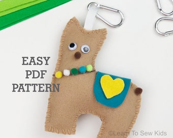 Printable Llama hand sewing pattern, Learn To Sew, Llama Backpack Clip, Pattern for Kids and adults, Felt LLama Ornament