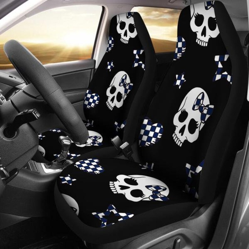 Duke University Blue Devils Basketball Sugar Skulls Bow Hearts Micro Fiber Car Seat Covers Gift Skull