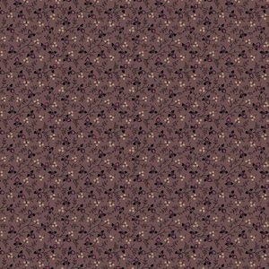 May include: A fabric with a repeating floral pattern. The design features small black and purple leaves and tiny white berries on thin, winding stems. The background is a muted mauve color, creating a vintage or cottagecore aesthetic.