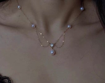 14k gold filled freshwater pearl France style double chain elegant dangle necklace. Wave necklace. Bridal necklace.