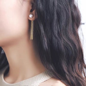 Freshwater pearl ear back dangle gold tassels clip on earring. dainty pearl earring. Minimalist pearl earrings. Elegant earring. Wedding image 7