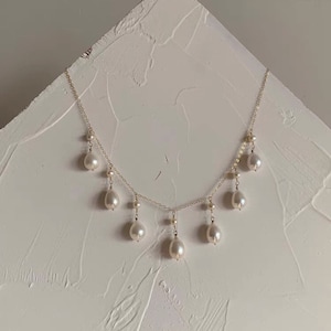 14K gold filled freshwater pearl France style lace necklace. Multiple-Layered dangle pearl necklace. Wedding necklace. Bridal necklace.