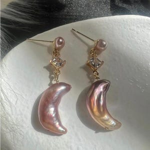 Baroque Pearl Moon Earrings, Crescent Pearl Dangle Earrings, Gold Filled Pearl Earrings, Lavender Pearl Earrings, Statement Pearl Jewelry