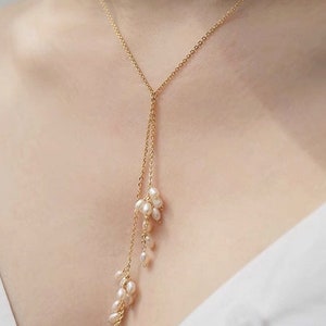 14K gold filled genuine baby pearl necklace. Y-dropped freshwater pearl necklace. dainty adjustable lariat pearl necklace.bridal necklace