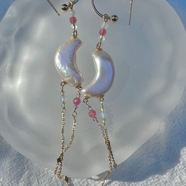 Art Deco Freshwater moon pearl dangle earrings. Delicate gemstones earring. Space earrings. Tassel elegant earrings. Gifts