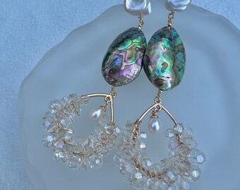Genuine freshwater baroque pearl long dangle teardrop crystal abalone earrings. Bridal boho pearl earrings. Art deco earrings.