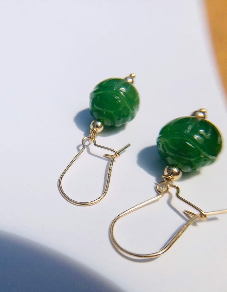 14K gold filled Natural Hetian Jade hand crafted lotus France style mini hooks earring \uff0cminimalist earring \uff0cyoga earring \uff0cdainty earring