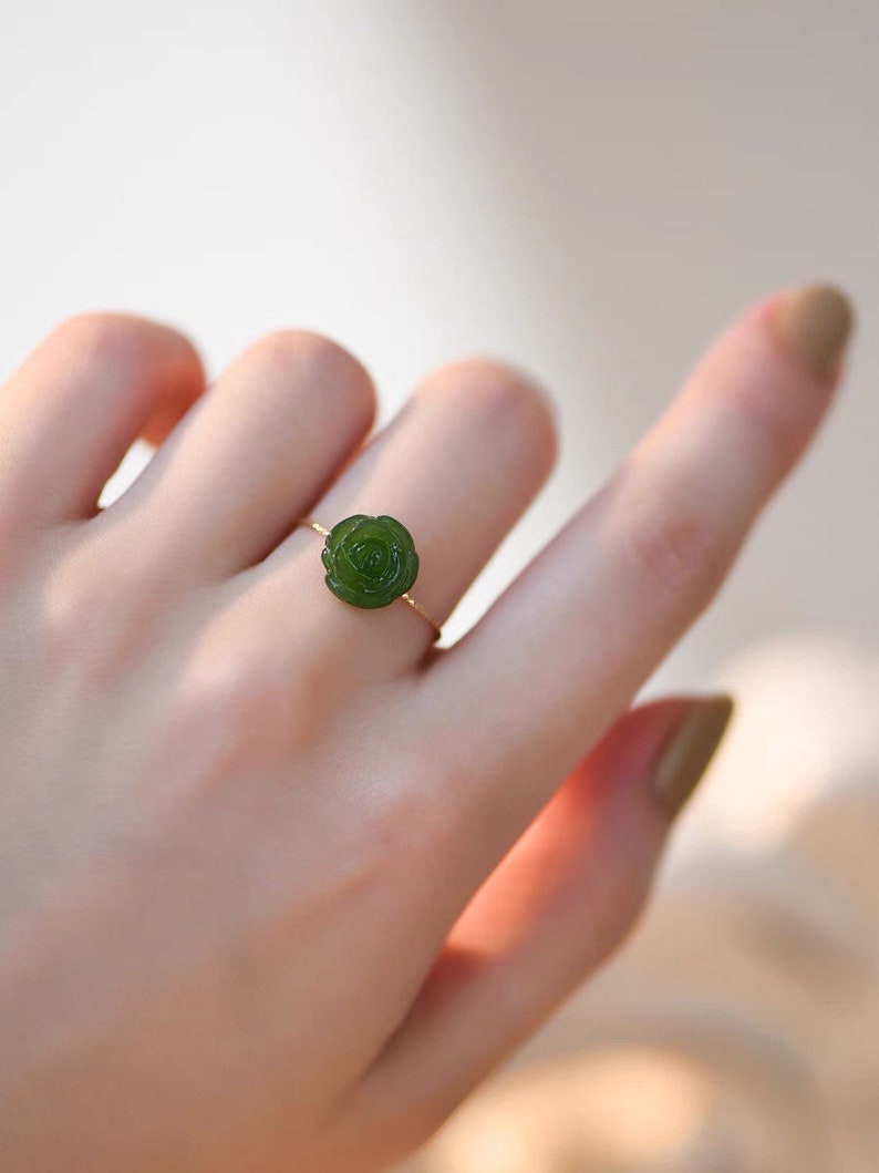 Genuine hetian jade hand-crafted rose flower ring. Lucky jade ring. Protection ring. Vintage style ring. Minimalist jade ring. Gift image 1