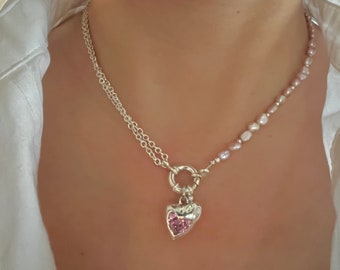 925 sterling silver freshwater pink pearl layered necklace. Heart Necklace. Dainty necklace. Chic pearl necklace.