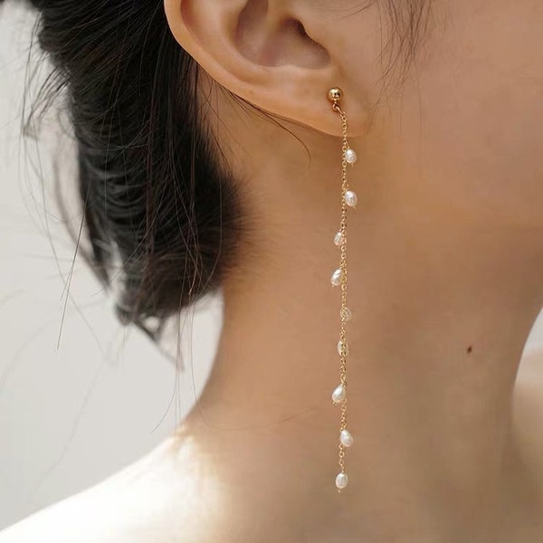 14K gold filled stud long chain dangle pearl earring. Fleurette earring. Bridesmaid gift. Boho wedding pearl earring. Bridal earring.