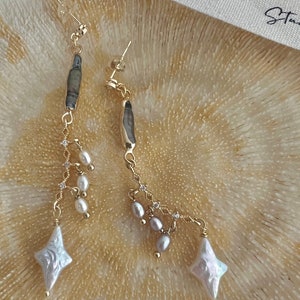 Genuine freshwater irregular baroque pearl long dangle star earrings . Unbalanced. Bridal boho pearl earrings. Art deco pearl earrings.