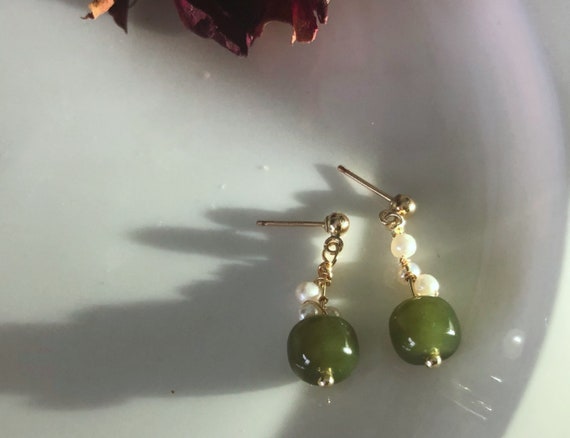14K gold filled Natural Hetian Jade hand crafted lotus France style mini hooks earring \uff0cminimalist earring \uff0cyoga earring \uff0cdainty earring