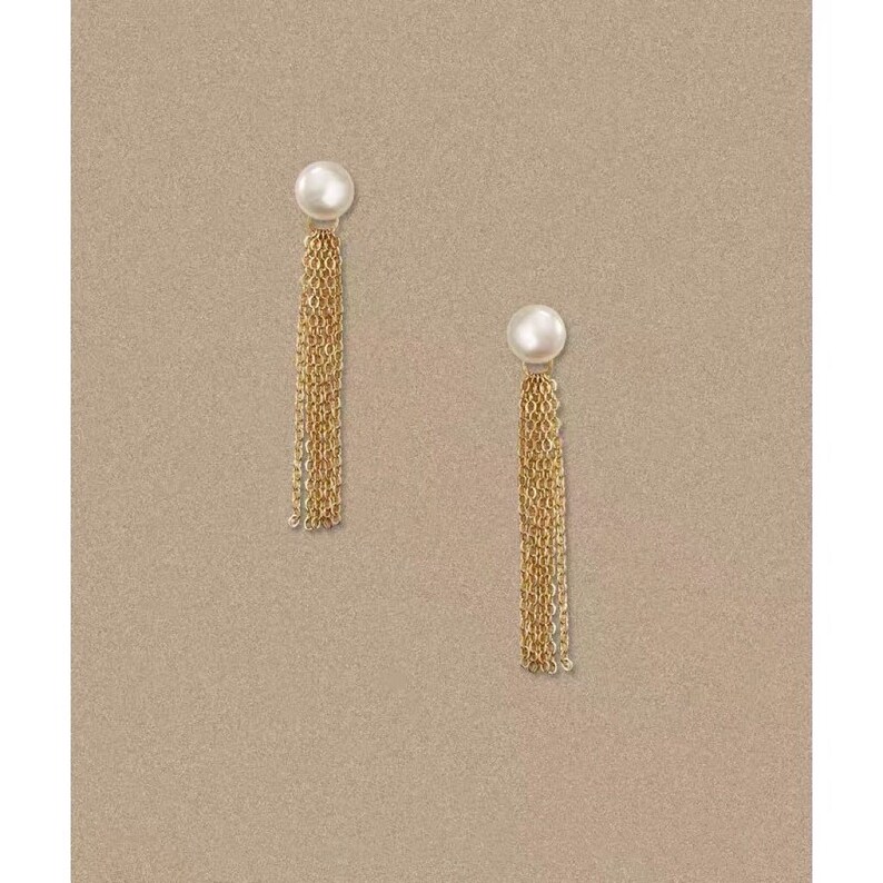 Freshwater pearl ear back dangle gold tassels clip on earring. dainty pearl earring. Minimalist pearl earrings. Elegant earring. Wedding image 4