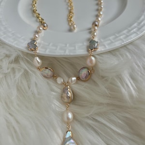 Freshwater multiple-color multiplie-shape baroque pearl chain necklace. High luster baroque pearl necklace. Y necklace. Vintage necklace