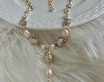 Freshwater multiple-color multiplie-shape baroque pearl chain necklace. High luster baroque pearl necklace. Y necklace. Vintage necklace