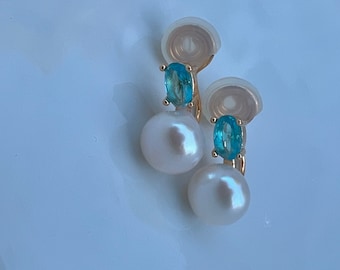 Brinco de pérola de água doce com diamante e fecho de pressão em ouro 14K. Brinco que não causa dor. Brinco de pérola minimalista. Brinco de pérola trepadeira. Não precisa de furo na orelha.