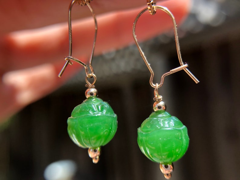 14K gold filled Natural Hetian Jade hand crafted lotus France style mini hooks earring \uff0cminimalist earring \uff0cyoga earring \uff0cdainty earring