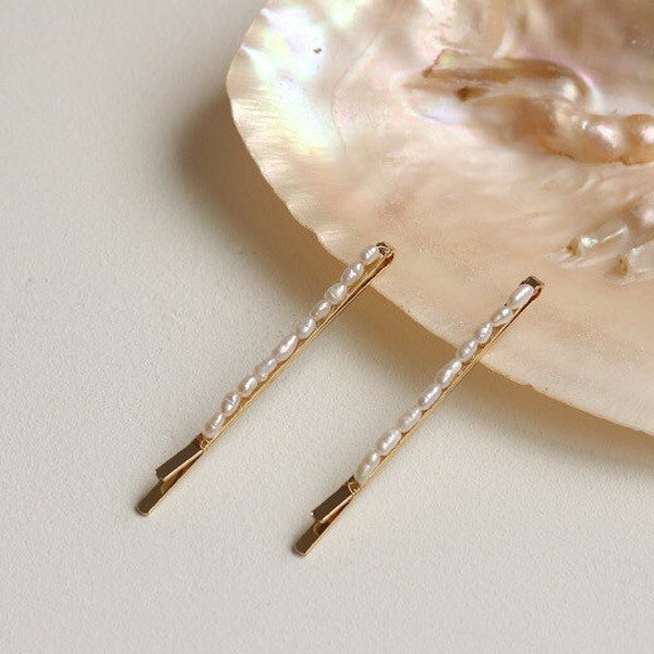 Genuine rice beads Baroque pearl Hair clip ，simply Natural freshwater Pearl barrette clip，handmade pearl hair accessories ，pearl hair clasp
