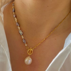 14K gold filled High quality luster baroque AAAA Keshi purple pearl half chain necklace. Charm reflection necklace. Minimalist. heart.