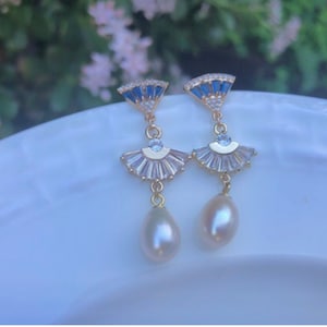 14K gold filled Victoria style elegant genuine pearl dainty earring ，delicate zircon earring ，France style design Swarovski earring