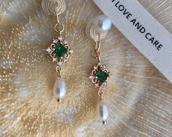 Art Deco freshwater pearl two way wearing earrings. elegant Emerald earrings. clear fashion floral clip-on earring. dainty no pain earrings