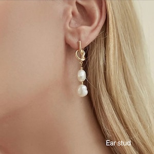 Chic style freshwater pearl clip-on earring. Pearl knot gold earring. Comfortable Non pierced ear clip. bridal earring.gift for her